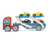 Le Toy Van - TV444 - Juego camión transportador de Coches y 4 Coches de Carreras, 3 años, Madera certificada FSC, Incluye 36 Pegatinas, Juguete para niños, Montessori, ecológico