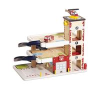 Le Toy Van - TV453 - Estación de Bomberos de Juguete para Niños, 3 Años, Madera Certificada FSC, Incluye 1 Camión de Bomberos, 1 Helicóptero, Garaje Apertura, Ascensor, Timbre de Emergencia