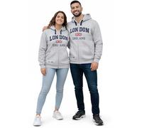 LE129ZGN London England - Sudadera unisex con capucha y cremallera (talla XS-2XL), color gris y azul marino, gris, 3XL