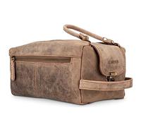 LEABAGS Gran Neceser de Cuero Premium Mujeres y Hombres | Bolsa de Aseo para Viaje | Amplia Bolsa de Cosméticos | Organizador de Maquillaje | Estuche de Belleza | Bolsa de Lavado | Gris Marrón Vintage