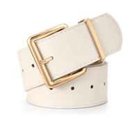 LEACOOLKEY Cinturón ancho para mujer para vestidos de cuero grueso con hebilla grande dorada, beige, 120cm(Misura vita 95cm-104cm,Foratura completa)