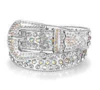 LEACOOLKEY Cinturón de diamantes de imitación para hombres y mujeres, cinturón de piel con tachuelas de vaquera occidental, cinturón de cintura brillante para jeans, pantalones, vestidos, A-plata, S: