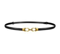LEACOOLKEY Cinturón fino de piel para mujer para ropa cinturón cintura delgado ajustable con hebilla dorada plateada, Negro (hebilla de oro antiguo), 140cm(Adatto per vita fino a 124cm)