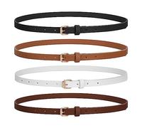 LEACOOLKEY Paquete de 4 cinturones de cuero ajustados para mujer, cinturón fino con hebilla dorada para jeans, negro, blanco, marrón, café, 23-27W