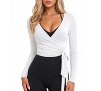 LEACOOLKEY Wrap Top Ballet - Camiseta de manga larga para mujer, para yoga, pilates, cuello en V, ropa ajustada, A-blanco., S