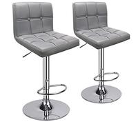 Leader Accessories Taburete de Bar Juego de 2, Sillas de Bar Regulables en Altura en Piel Sintética, Taburete de Cocina Giratorio en 360° con Respaldo y Reposapiés, Acero Cromado, Gris Claro