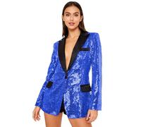 Leader of the Beauty Chaqueta de manga larga con lentejuelas brillantes para mujer, de satén, con solapa, para fiesta de graduación, fiesta de graduación, chaqueta para mujer, azul real, S