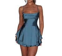 Leader of the Beauty Minifalda para mujer, vestido corto de graduación, acampanado, halter, sin espalda, sexy, vestido de fiesta, D-azul, XS