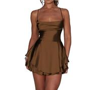 Leader of the Beauty Minifalda para mujer, vestido corto de graduación, acampanado, halter, sin espalda, sexy, vestido de fiesta, café, M