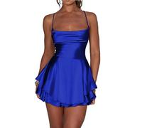 Leader of the Beauty Minifalda para mujer, vestido corto de graduación, acampanado, halter, sin espalda, sexy, vestido de fiesta, azul, L