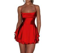 Leader of the Beauty Minifalda para mujer, vestido corto de graduación, acampanado, halter, sin espalda, sexy, vestido de fiesta, rosso, M