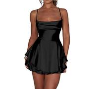 Leader of the Beauty Minifalda para mujer, vestido corto de graduación, acampanado, halter, sin espalda, sexy, vestido de fiesta, Negro, M