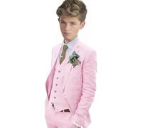Leader of the Beauty Traje de lino de 3 piezas para niño, ajustado, traje de boda, con un solo botonadura, etiqueta de pico, esmoquin para novio, rosa, 14 años