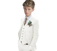 Leader of the Beauty Traje de lino de 3 piezas para niño, ajustado, traje de boda, con un solo botonadura, etiqueta de pico, esmoquin para novio, Marfil, 14 años