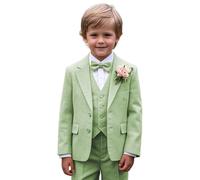 Leader of the Beauty Traje de lino para niños, traje formal de 3 piezas, chaleco, chaqueta, pantalones, traje, verde oscuro, 12 años