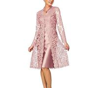 Leader of the Beauty Vestidos de 2 piezas para mujer de la madre de la novia, de largo hasta debajo de la rodilla, vestidos formales con chaqueta de encaje, oro rosa, 48