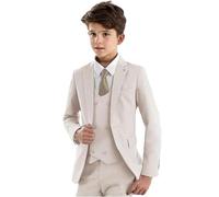 LeaderBeauty Traje de 3 piezas para niños, ajustado, con solapa de pico para niños, traje formal para niños, blazer, chaleco, pantalones, esmoquin para niños, traje de fiesta de boda, beige, 10 años