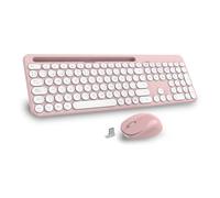 LeadsaiL K933 Teclado y Raton Inalámbrico Español QWERTY, Pack de Teclado Raton Inalambrico Ergonómico, Silencioso con Soporte para Teléfono, Tamaño Completo, para Mac, PC, Ordenador Portátil-Rosa
