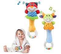 LEADSTAR Sonajero Bebe, 2 Piezas Juguetes Peluches Sonajeros Bebes Muñeca Juguete Sensoriales de Animales Suaves con Mango Cómodo para Recien Nacidos Infantil Bebé 0 3 6 9 12 Meses (Becerro y Gato)