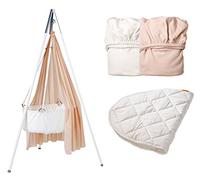 'Leander Cuna de Juego - "All Inclusive: Cuna Blanco con trípode color blanco, velo rosa suave, 2 sábanas 1 x Rosa Suave/1 x Color Blanco, 1 Colchón