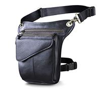 Le'aokuu Hombres Cuero Genuino Bolso Cintura Bolsa de Cuero Gota Pierna Bolsa para Hombres Bolso Multifuncional Militar Táctico Moto Bicicleta Senderismo Deportes Camping Montar 211-3 B Negro