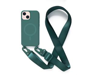 Leather Armor Handykette para iPhone 13 Mini (5.4) con cinta y collar magnético, compatible con carga inalámbrica, hule verde