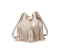 Leather Bucket Bags for Women Crossbody Fringe Purses with Drawstring Ladies Tassel Hobo and Shoulder Handbags White