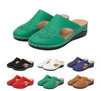 Leather Clogs for Women Closed Toe Orthopedic Backless Wedge Sandals Women's Arch Support Platform Slippers Hollow out Wide Fit Wedge Mules Sliders for Elderly Women Ladies