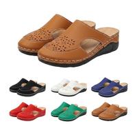 Leather Clogs for Women Closed Toe Orthopedic Backless Wedge Sandals Women's Arch Support Platform Slippers Hollow out Wide Fit Wedge Mules Sliders for Elderly Women Ladies