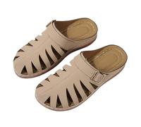 Leather Clogs for Women UK with Arch Support Orthopedic Sliders Mule Cushioned Insole Walking Low Wedge Closed Toe Summer Slip on Backless Wide Fit Ladies Soft Hollow Out Sandals