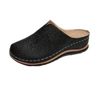 Leather Clogs for Women UK with Arch Support Orthopedic Sliders Mule Cushioned Insole Walking Low Wedge Closed Toe Shoes Summer Slip on Backless Wide Fit Elderly Ladies Anti Slip Sandals