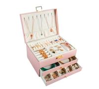 Leather Multi-functional Three-layer Drawer Type Jewelry Box Necklace Earrings Ring Storage para Joyas y Pendientes(Pink)