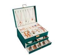 Leather Multi-functional Three-layer Drawer Type Jewelry Box Necklace Earrings Ring Storage para Joyas y Pendientes(Green)