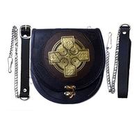 Leather Sporran Gold Cross Black/Brown Leather Sporran para faldas escocesas con cinturón de cadena, Negro y marrón., Taille unique