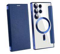 Leather Textured Flip Phone Case for Samsung Galaxy S25 S24 S23 S22 Ultra Plus, Magnetic Wireless Charging Shell, with Card Clip Wallet (S23PLUS,Dark Blue)