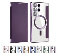 Leather Textured Flip Phone Case for Samsung Galaxy S25 S24 S23 S22 Ultra Plus Series, Card Clip Wallet PU Leather Case, for Samsung Mobile Phone Case (S25PLUS,Purple)