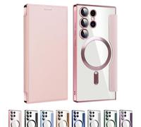 Leather Textured Flip Phone Case for Samsung Galaxy S25 S24 S23 S22 Ultra Plus Series, Card Clip Wallet PU Leather Case, for Samsung Mobile Phone Case (S23FE,Pink)