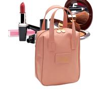 Leather Toiletry Bag, Travel Makeup Cosmetic Bag, Toiletry Pouch with Divider, Portable Organizer Purse, 5.91x3.15x7.09 Inch Ideal for Everyday Use, White, Pink and Dark Brown