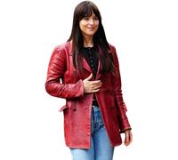 Leather Verse Madame Web Dakota Johnson - Chaqueta blazer de piel color granate para mujer, abrigo de piel roja con doble botonadura, rosso, XXL