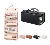 Leather Waterproof Cosmetic Bag, Detachable Compact Toiletry Bag, Portable Cute Travel Makeup Bag Pouch for Women Girls (Black)