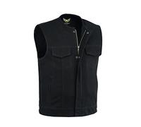 Leatherick Chaleco estilo motero sin cuello de mezclilla pesado con ribete de cuero para hombre con bolsillos profundos, estilo SOA