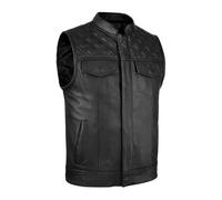Leatherick Groove Club SOA estilo Chaleco de motocicleta de cuero genuino negro para hombre - Chaleco de transporte oculto con costuras de diamante (FR/ES, Números, 46, Regular, Regular, Negro)
