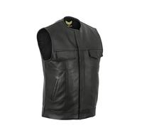 Leatherick SOA Chaleco de motorista de cuero genuino sin cuello SOA para hombre Chaleco sin cuello para motorista, con bolsillos profundos