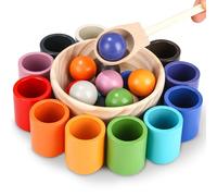 LEAZZLE Bolas en una Taza, Juguetes Montessori de Madera para Niños Mayores de 2 Años, Juego Preescolar de Clasificación y Emparejamiento para Aprender a Reconocer los Colores y a Contar