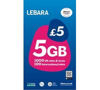 Lebara Tarjeta SIM de pago por uso del Reino Unido: 5 GB de datos, 1000 minutos y textos del Reino Unido, 100 minutos internacionales por 5 £