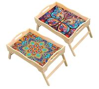 Lebartm 2 bandejas de cama de diamantes con patas plegables, pintura artística de diamantes, plato de cena de madera hecho a mano, bandeja portátil para laptop, bandejas de desayuno para sofá, cama,