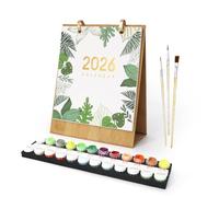 Lebartm Calendario 2026 de pintura por números para adultos, 12 plantas verdes diferentes, flores en maceta, pinturas al óleo pintadas a mano, calendario de escritorio para planificación de oficina en