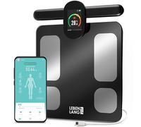 LEBENLANG Báscula de fitness con sensores manuales - Pantalla grande y conexión a la aplicación I 29 valores de medición hasta 180 kg I Báscula con medición de grasa corporal y masa muscular