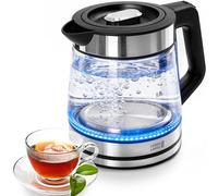 LEBENLANG Hervidor de agua de vidrio compacto - 1,2 litros con iluminación LED I Diseño de acero inoxidable sin BPA 1 L / 1,2 L I Hervidor de viaje pequeño para camping Hervidor de vidrio