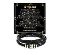 LEBKFT Pulsera de cuero para hombre con tarjeta inspiradora «To My Son» grabada con texto en inglés «Love You Forever», pulsera de cuero trenzado fijo de 21 cm para hijo, regalo de joyería para hombre
